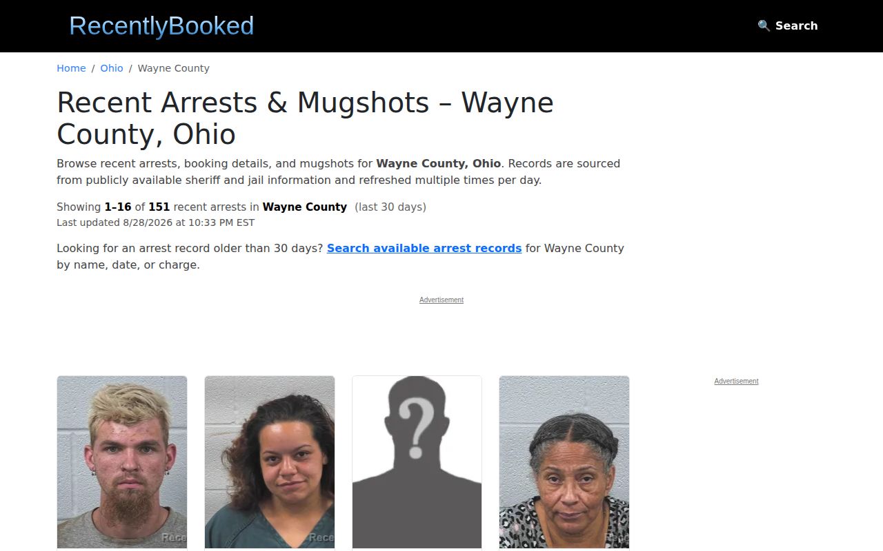 Wayne County booking record source shown as an unofficial recent arrest index