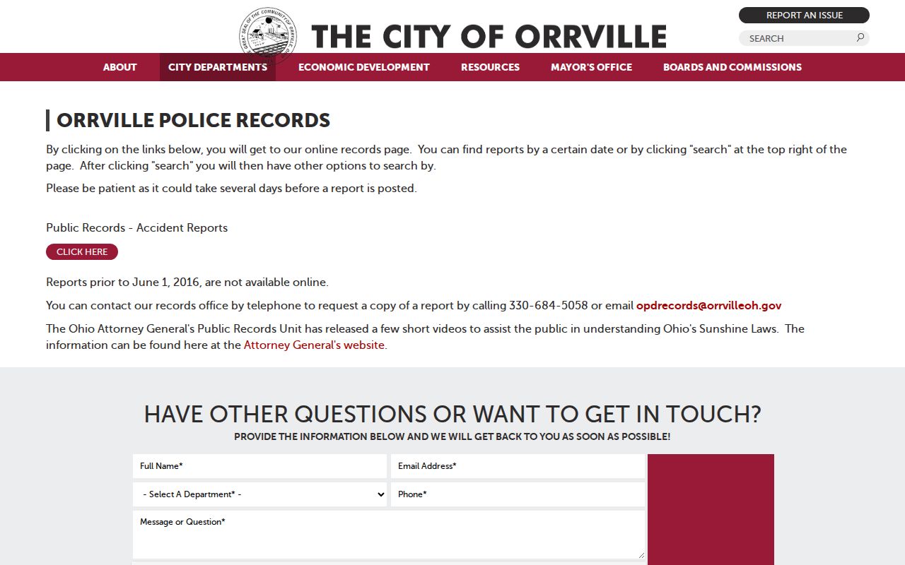 Orrville Police traffic-accident record search for Wayne County records
