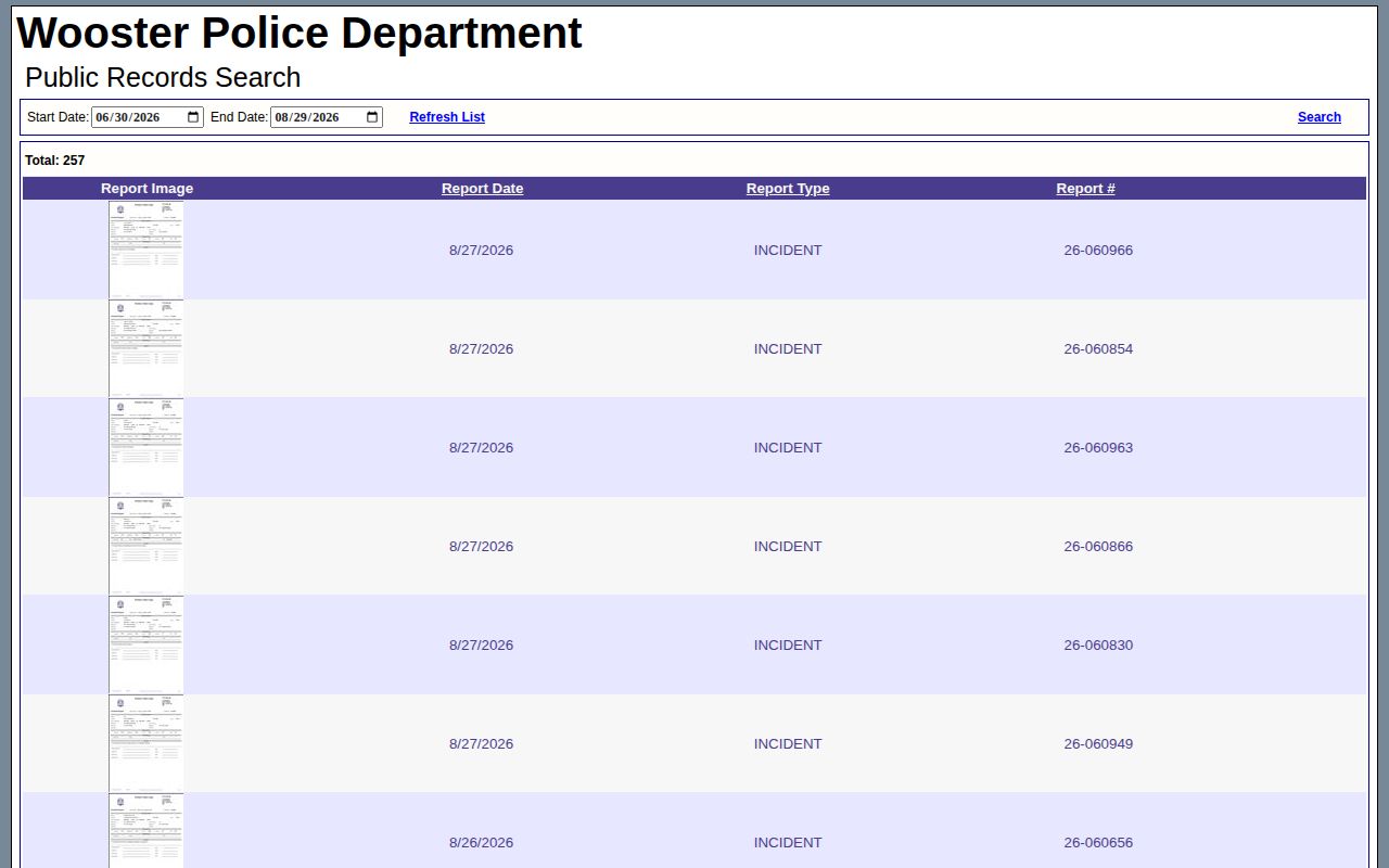 Wayne County Wooster Police incident-record search interface, not a booking or mugshot listing